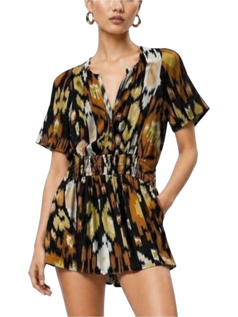 Anthropologie Somerset Ikat Brown & Black Patterned Short Sleeve Romper LARGE